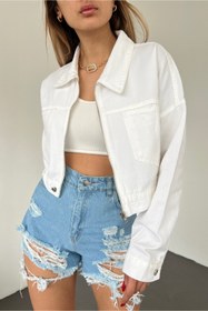 Resim Fav Style Kadın Fermuar Kapamalı Çift Cepli Crop Kot Ceket Beyaz 