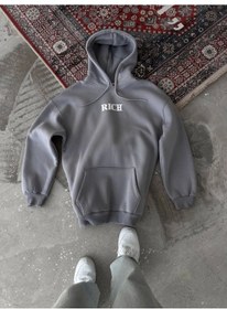 Resim Göğüs Baskılı Kadın Günlük Stil Gri Uzun Kol Kapüşonlu Sweatshirt 