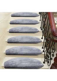 Resim Oval Kendinden Yapışkanlı Tufting Merdiven Basamak Paspası - Açık Gri / Adet Olarak Satılır Renkli 
