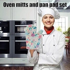Resim Fırın eldiven seti, fırın eldivenleri ve tencere tutucuları | Kaymaz fırın eldiveni ve pot tutucu seti | Kalın pamuk kaplı, ev, restoran, otel, fırın, açık hava, kamp için ısıya dayanıklı pişirme arac 