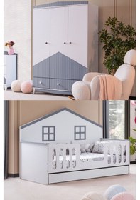 Resim Bello Çocuk Odası Takımı, Bello Yavrulu Karyola, Fethiye 3 Kapaklı Dolap - Gri Renkli 