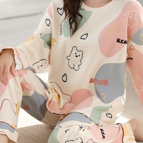 Resim Kadınlar için Sonbahar ve Kış Pijama Takımı, Uzun Kollu ve Uzatılmış Pantolonlu Karikatür Rahat Ev Giyimi, Yeni Kış Ev Giyimi Pijama Takımı Ayva Rengi Hayvan Desenli - Renk Bloğu Üst ve Pantolon Pijama Takımı 