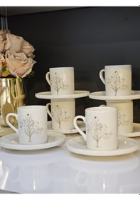 Resim Shn Hayat Ağacı Desenli 6 Kişilik Kahve Fincan Takımı Beyaz 