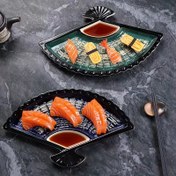 Resim Sauce tabağı ile Japon tarzı seramik sushi tabağı - Siyah ve mavi, sushi, dumplings ve daha fazlası için bölünmüş - Evde veya restoranlarda Japon lezzetlerini göstermek için mükemmel, restoran sushi tabağı 