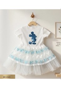 Resim Biçomi Kız Bebek Mickey Baskılı Brode Etekli Pamuklu Konfor Elbise - Turkuaz 