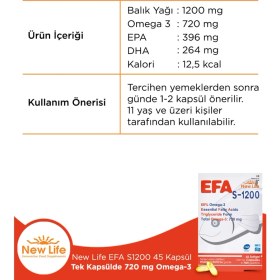 Resim New Life Efa S 1200 Balık Yağı 45 Kapsül Türkiye Menşeli Omega 3 İçeren Takviye Edici Gıda 