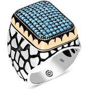 Resim Gümüş Turkuaz Zirkon Taşlı Kare Erkek Yüzük (546038505) 