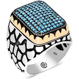 Resim Gümüş Turkuaz Zirkon Taşlı Kare Erkek Yüzük (546038505) 