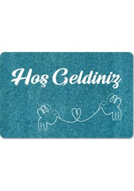 Resim Dijital Baskılı Kapı Önü Paspas Hoşgeldiniz Yazılı Çiçek Desen Ve Kedi Iç Ve Dış Kapı Yıkanabilir Yeşil 