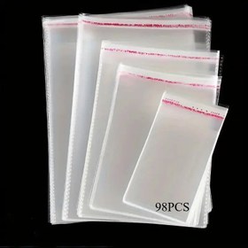 Resim 98 adet şeffaf kendinden yapışkanlı kapak çantası OPP plastikten yapılan hediye ve mücevher paketleme için. 