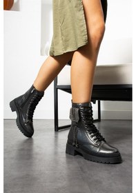 Resim Shoetek Verena Kadın Bot Taşlı Bağcıklı Fermuarlı Postal Platin Deri Platin 