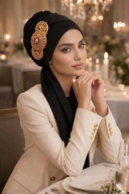 Resim Aişe tesettür Siyah Gold Aksesuarlı Abiye Atkılı Bone 