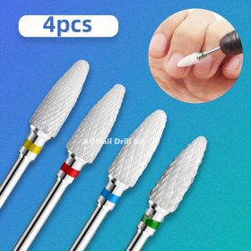 Resim 4 adet Seramik Tırnak Matkap Uçları Seti, 3/32 '' Şaft Profesyonel Mısır Şekilli Seramik Uçlar, Akrilik Tırnak Dosya Uçları Manikür Pedikür Kutikül Jel Tırnak Parlatma için 