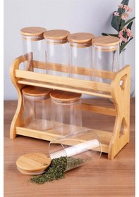 Resim 7'li Bambu Standlı Yuvarlak Borosilikat Cam Kavanoz Şeffaf 