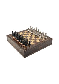 Resim Gifthome Premium Black Metal Klasik Satranç Takımı Ve El İmali Masif Ahşap Sandıklı Ceviz Tahtası 38x38x6 Cm. 