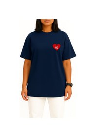 Resim Bahriyeli Collection Oversize Sevgililer Günü Özel Kalp İçinde Q Harfi Cep Baskılı Unisex T-shirt Lacivert 