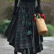 Resim Kadınlar için Vintage Asimetrik Katlı Maksi Etek - Çift Taraflı Ekose Desenli, Gevşek A Kesim, İlkbahar ve Sonbahar için Uzun Akıcı Polyester Etek, Makinede Yıkanabilir 