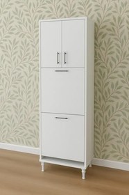 Resim Kirli Sepetli 3 Kapaklı 2 Raflı Çok Amaçlı Ahşap Banyo Dolabı, Banyo Düzenleyici Çamaşır Sepeti - Beyaz 