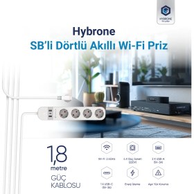 Resim Hybrone USB ve Type-C Girişli Akım Korumalı Dörtlü Wi-Fi Akıllı Priz, 16 Amper, Enerji İzleme, Uygulama ile Uzaktan Kontrol 
