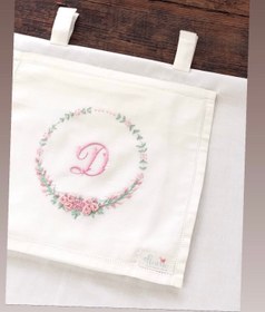 Resim Ortancamsı İşlemeli Keten Puset Örtüsü Pembe/Mint - Bebek İsim Baş harfleri 