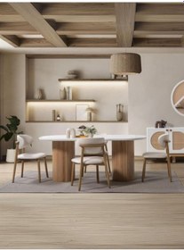 Resim Narven Bohem Natural Ahşap Masa Sandalye Takımı 90x180 Meşe - Beyaz 