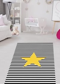Resim Pelangi Yıldız Desenli Siyah Şeritli Dijital Baskı Yıkanabilir Kaymaz Taban Leke Tutmaz Çocuk Odası Halısı, Siyah-Sarı 60 x 120 