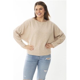 Resim Kadın Büyük Beden Lila Yarasa Kol Kendinden Çizgili Yün Viskon Bluz 65n37007-vizon Vizon 