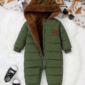 Resim Kış Sıcaklığı Bebek Erkek Kapüşonlu Tayt, %100 Polyester Plüş - Yastıklı Jumpsuit, Casual Solid Renk Loose Fit ile Chop Staming Detay, Dokuma Erkek Dış Giyim, Sonbahar ve Kış için, Outdoor için 