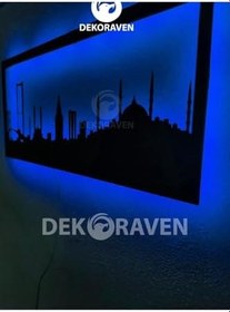 Resim Silueti Led Işıklı Ahşap Tablo Mavi 55x25 cm, istanbul 