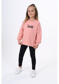 Resim Toontoy Kids Toontoy Kız Çocuk 2'li Takım Baskılı Bisiklet Yaka Sweatshirt & Basic Düz Tayt Mercan 