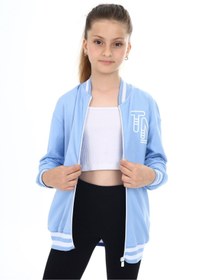 Resim Toontoy Mavi Kız Çocuk Kolej Yaka Fermuarlı Düşük Omuz Baskılı Örme Hırka - 2 İplik 