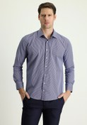 Resim Koyu Lacivert Uzun Kol Slim Fit Dar Kesim Desenli Pamuklu Kolay Ütülenebilir Gömlek Kigili