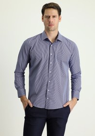 Resim Koyu Lacivert Uzun Kol Slim Fit Dar Kesim Desenli Pamuklu Kolay Ütülenebilir Gömlek 