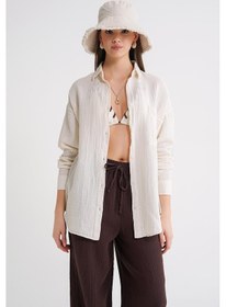 Resim Mixray 3833 Kadın Oversize Cepli Müslin Gömlek Naturel 