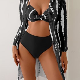 Resim Üç parçalı yıkanmış uzun kollu kazaklı bikini seti 