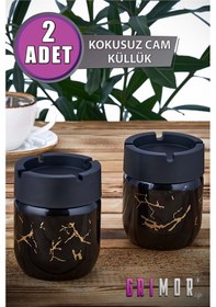 Resim Grimorlife 2 Adet Siyah Bronz Mermer Desenli Dekoratif Cam Kokusuz Küllük Kül Tablası Seti 425 Cc 