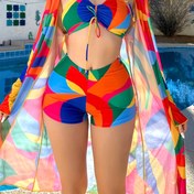 Resim 3 parçalı kapatıcı ile muhafazakar bikini, kontrast renkli kadın mayo seti, incelten yüzme kıyafeti 