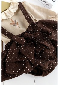 Resim Puantiye Desenli Fiyonklu 2'li Kız Bebek Salopet Tulum Takım Bebek Elbise Kahverengi 