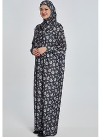 Resim Manolyaşal İslamic Hijab Pratik Tek Parça Manolya Desenli Namaz Elbisesi Koyu Siyah 
