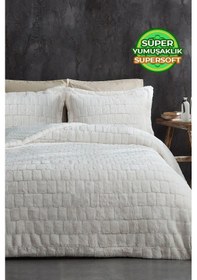Resim Evlen Home Çift Taraflı Kişilik Kürk Yatak Örtüsü Uyku Seti Yumuşak Dolgulu Wellsoft Peluş 3 Parça Benita Krem Krem 