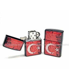Resim Türk Bayrağı Ay Yıldız Mat Siyah Kapaklı Benzinli Çakmak 