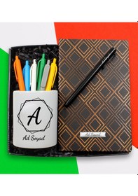 Resim Kişiye Özel Tasarım Porselen Kalemlik & Kareli Defter & Roller Kalem & 6'lı Renkli Kalem Hediye Seti 