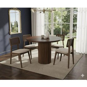 Resim Doğal Ahşap Yuvarlak Zion Yemek Masası Takımı 4 Kişilik Modern Scandinavian Stil Ceviz Beyaz 