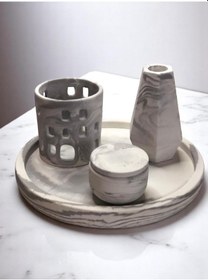 Resim Mermer Desenli El Yapımı Beton Dekor Set Taş Tozu Mumluk Takı Kutusu Şamdan Yuvarlak Tepsi Antrasit 