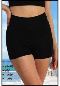 Resim Kadın Siyah Yüksek Bel Toparlayıcı İç Göstermeyen Boxer Şort Deniz, Havuz & Günlük Kullanım İçin Siyah 