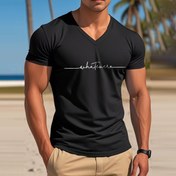 Resim Erkekler için Casual V-Yaka T-Shirt "NE OLANA" Kuş Baskısı - Siyah, Kısa Kollu, Esnek Kumaş, İlkbahar ve Yaz için Normal Beden, Yazlık T-shirt | Rahat Beden Tee | Konforlu Beden 