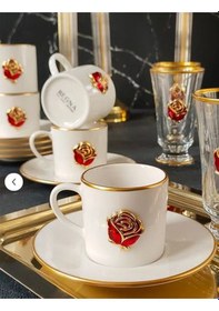 Resim Regna Home Fine Living Love Roses 4 Parça 2 Kişilik Yaldızlı Porselen Kahve Fincan Takımı Beyaz 