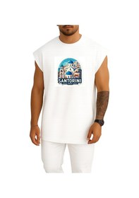 Resim Bahriyeli Collection Oversize Yunanistan Santorini Adası Göğüs Baskılı Atlet Beyaz 
