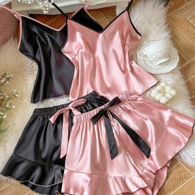 Resim 4 Parça Kadın Şık Seksi V Yaka Dantel Detaylı Kısa Pijama Takımı 
