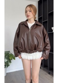 Resim Prifaldi Premium Oversiz Bomber Deri Ceket Kahverengı 